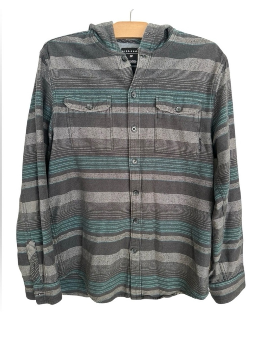 Billabong Gray & Teal Striped Hooded Button-Up Shirt L